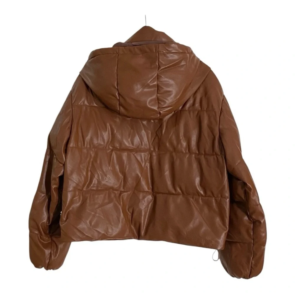 OOF Faux Leather Puffer Jacket Coat with Hood Brown Size IT 42 / US 6